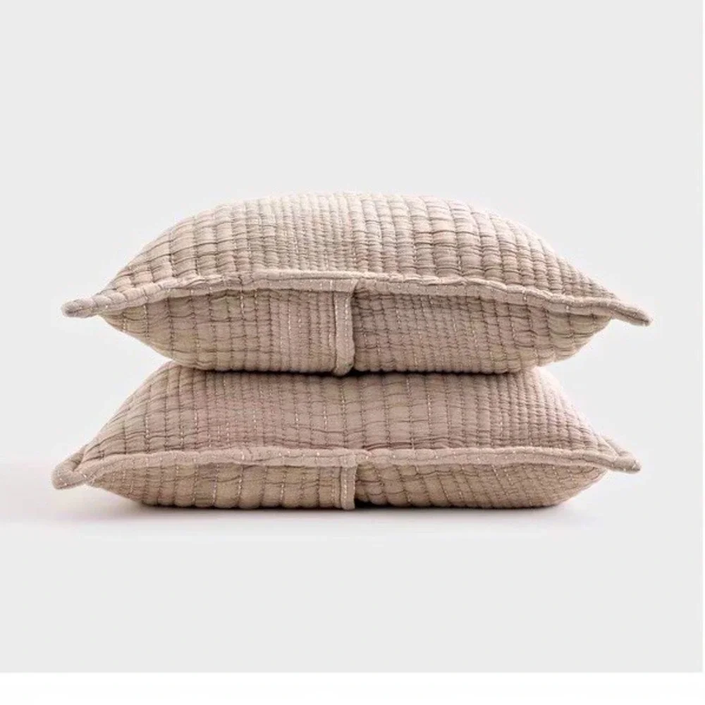 Quince Channel Stitch Pillow Sham Set Standard Taupe 20x26 NWOT Organic Cotton